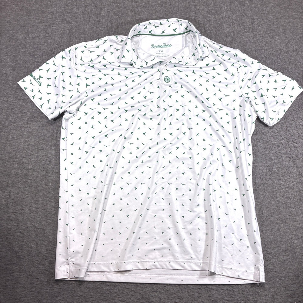Birdie Boss Golf Polo Mens XXL White Green Bird Print Performance Short Sleeve